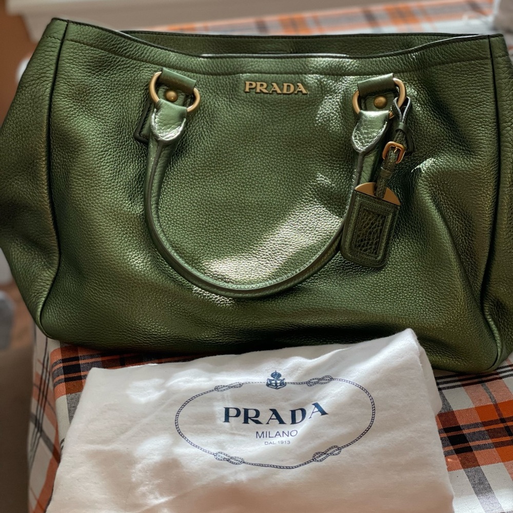 Sale! Prada Green Metallic Shopper Tote
